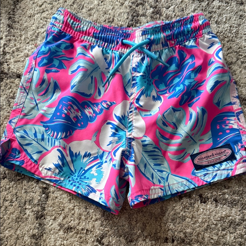 Vineyard Vines Pink, Blue & White Tropical Floral Swim Shorts